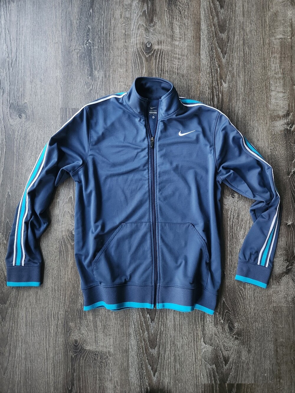 Vintage Nike Blue Track Jacket with Teal and White Stripes Size Boy's XL